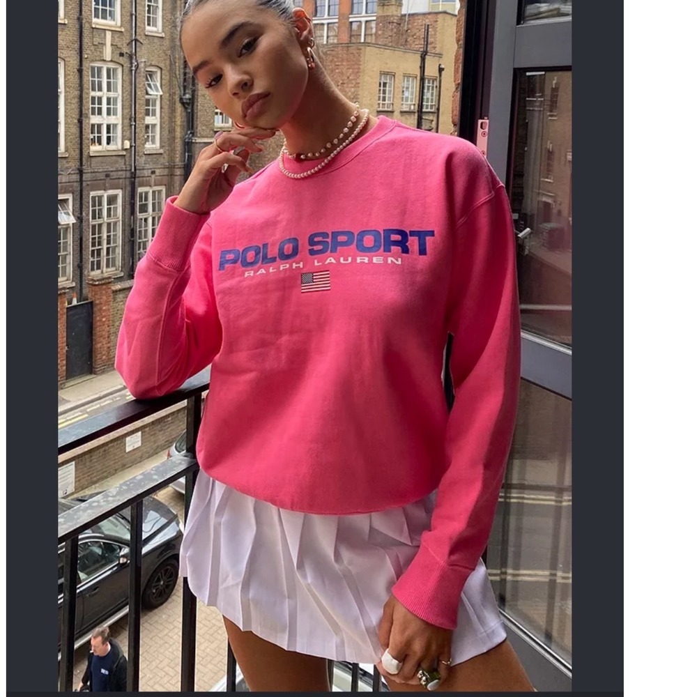 Polo Sport Ralph Lauren Pink Logo Sweatshirt Crew Neck Flag spellout M L HTF